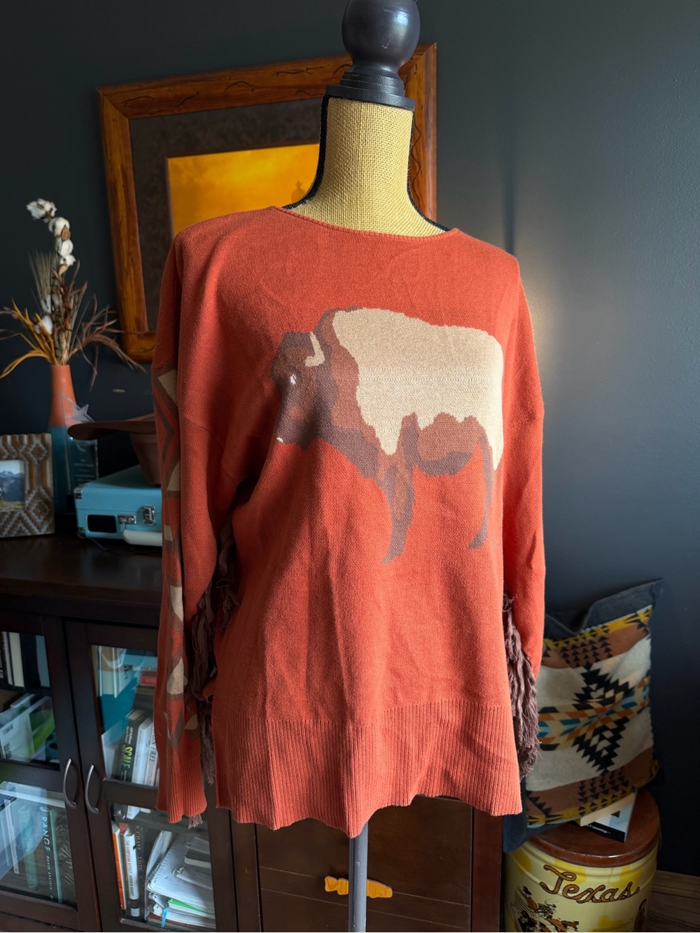 Rust Buffalo Fringe Crewneck Sweater